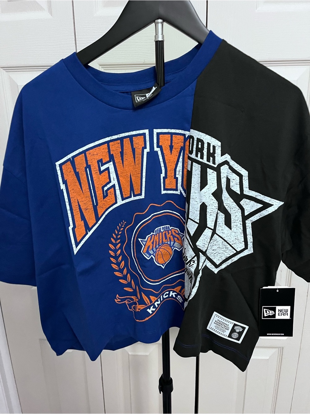 New Era Split-Panel Knicks Tee in Royal Blue, Black & Orange
